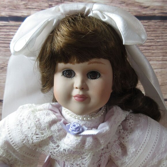 Paradise Galleries 14" Porcelain Doll Victorian Style Dress with Stand - Picture 3 of 10
